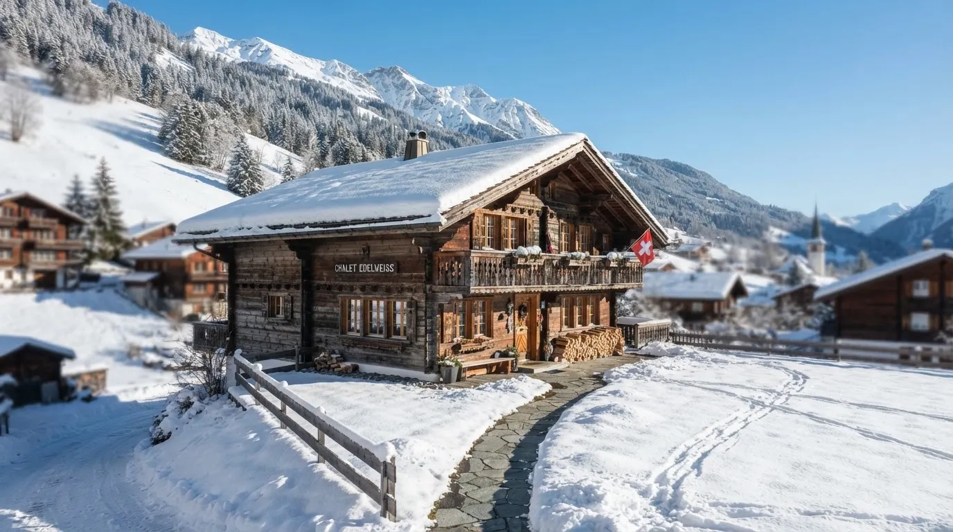 Ein Holzchalet mit Schnee auf dem Dach im klaren Sonnenlicht, davor ein geräumter Weg.