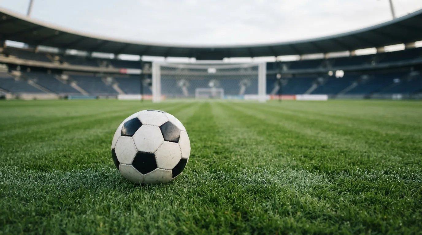 Ein Fussball auf dem Rasen aus niedriger Perspektive aufgenommen, die Torpfosten verschwimmen im Hintergrund.