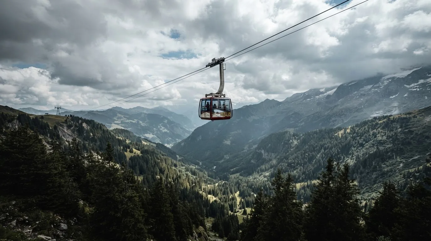 Eine Gondel einer Seilbahn schwebt über einem Tal mit Nadelwald, dahinter ziehen Wolken auf.
