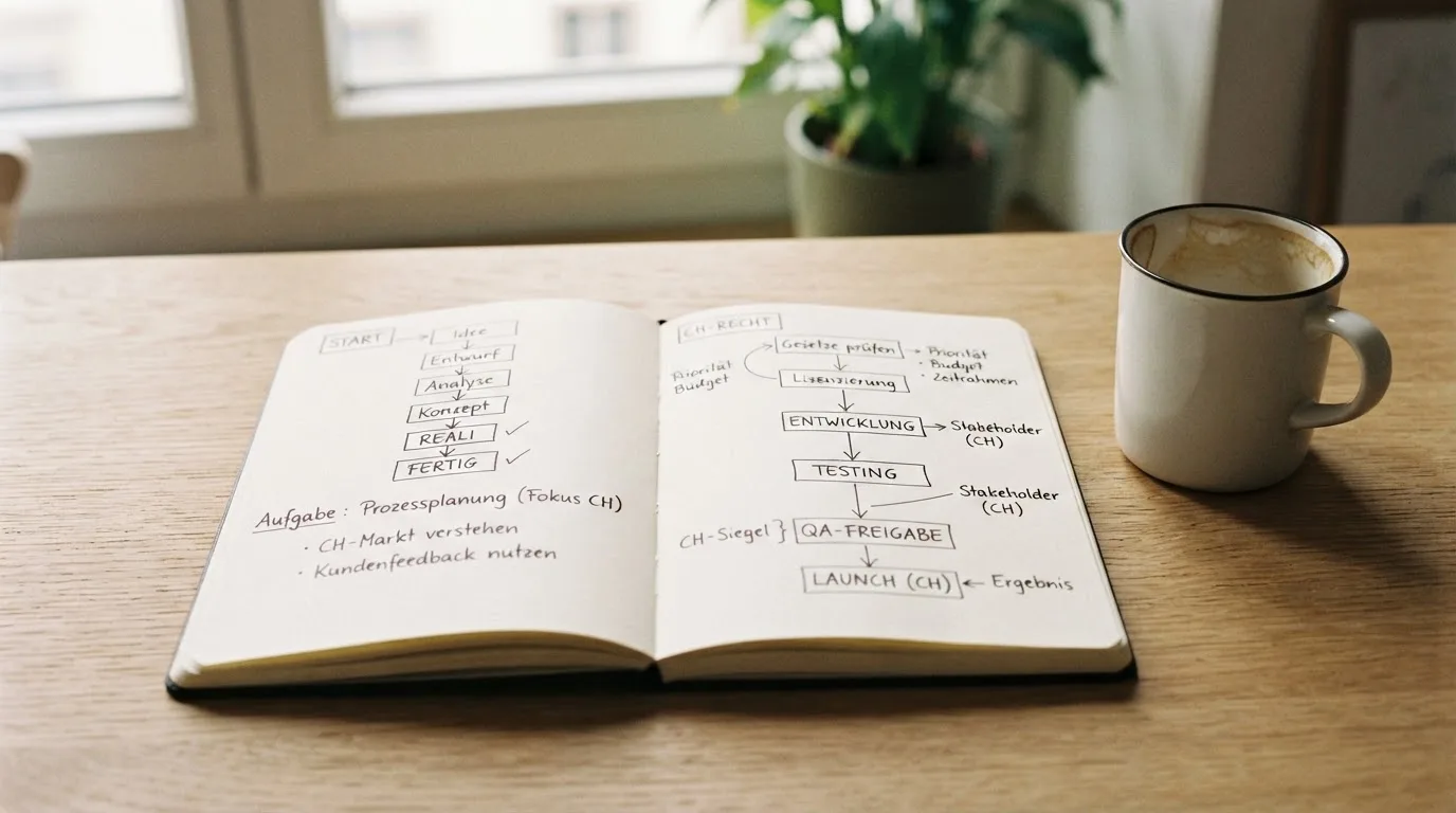Ein aufgeschlagenes Notizbuch mit handschriftlichen Pfeilen und Kästchen liegt neben einer Kaffeetasse auf einem Schreibtisch am Fenster.