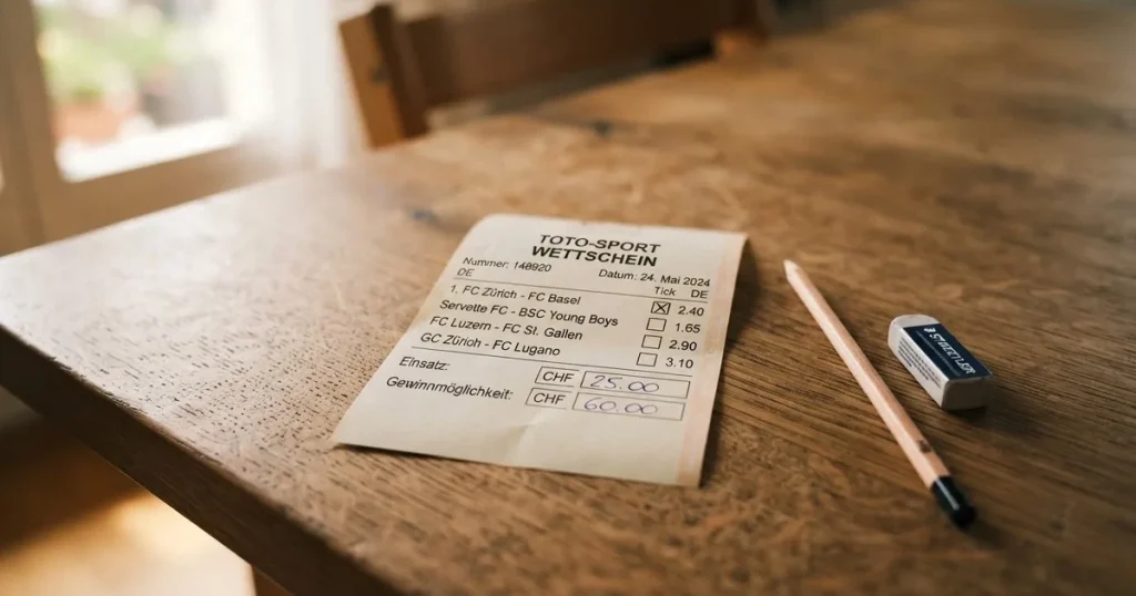 Ein leerer Wettschein aus Papier liegt neben einem Bleistift und einem Radiergummi auf einem hellen Holztisch im Tageslicht.