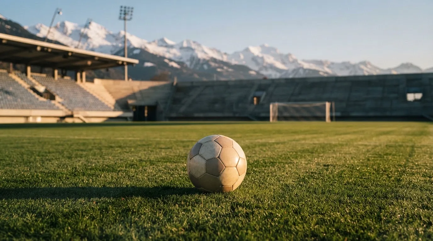 Ein Fussball liegt auf dem Rasen eines leeren Stadions am frühen Abend, dahinter erheben sich schneebedeckte Berge unter klarem Himmel.