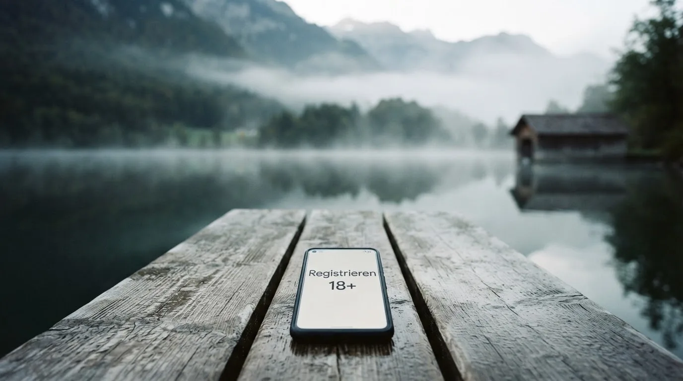 Ein Holzsteg führt über einen ruhigen Bergsee zu einem kleinen Bootshaus, über dem Wasser hängt Morgennebel.