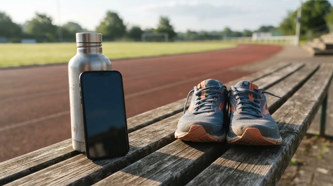 Ein Smartphone mit dunklem Bildschirm lehnt an einer Wasserflasche, daneben stehen Laufschuhe auf einer Bank am Sportplatz.