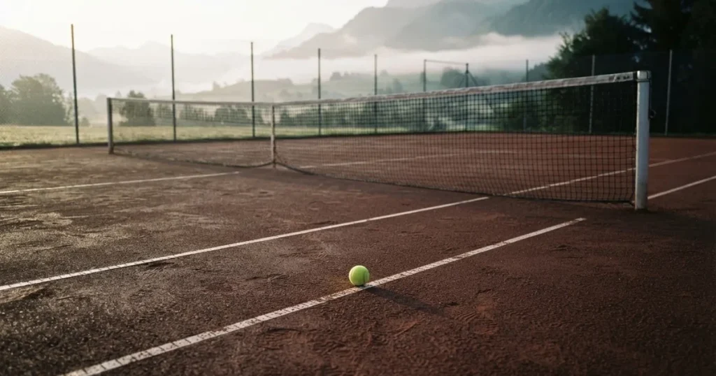 Ein Tennisplatz im ersten Morgenlicht, das Netz hängt leicht durch und auf der Grundlinie liegt ein einzelner Ball.