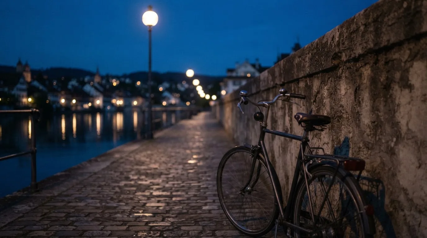 Ein Velo lehnt an einer Steinmauer am Ufer eines Flusses, die Strassenlaternen leuchten in der Dämmerung.