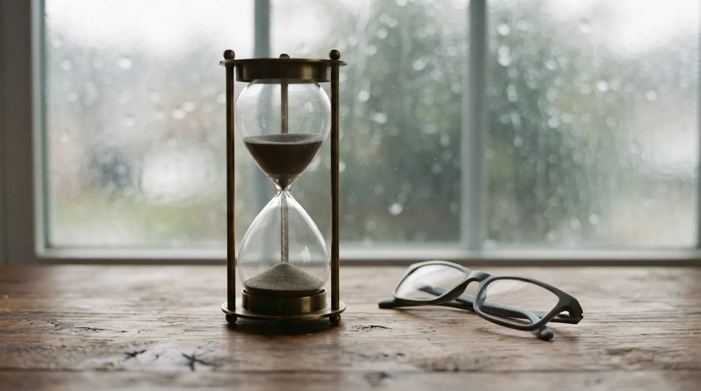 Eine Sanduhr steht auf einem Holztisch neben einer Brille, hinter dem Fenster laufen Regentropfen über das Glas.