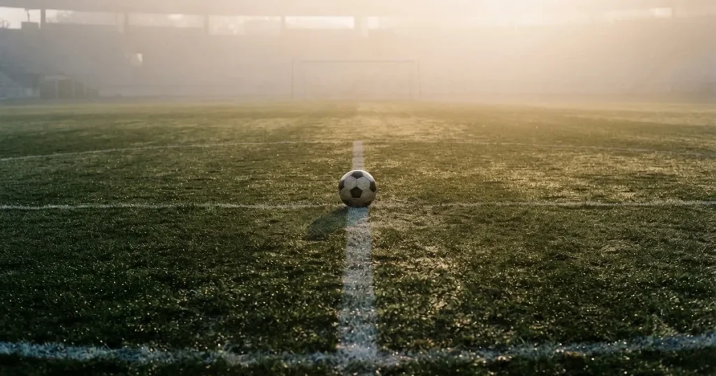 Ein Fussballplatz im Morgennebel, im Mittelkreis liegt ein einzelner Ball und der Rasen glänzt vom Tau.