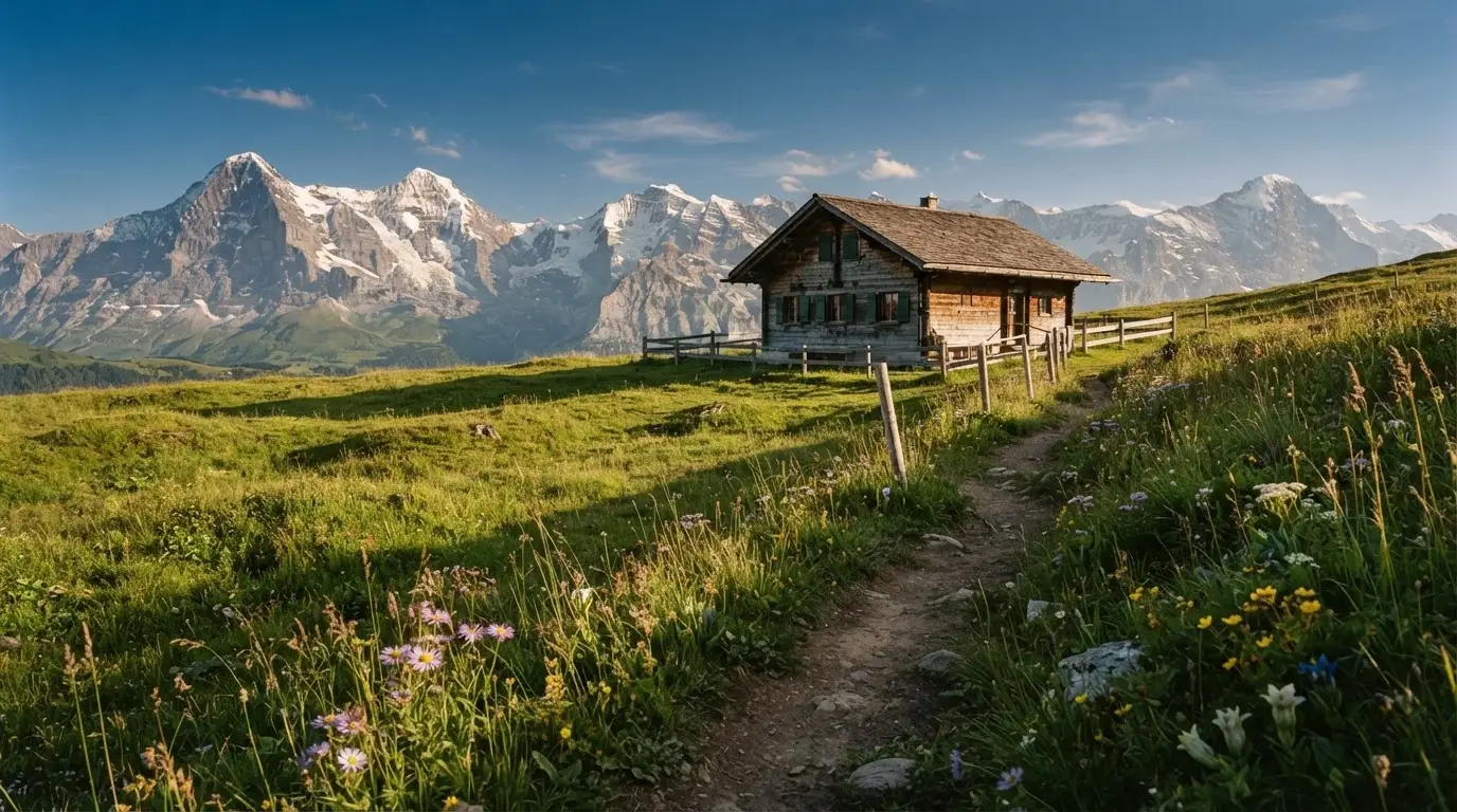 Ein Wanderweg führt über eine Alpwiese zu einem Holzchalet, dahinter ragen verschneite Gipfel in den Himmel.