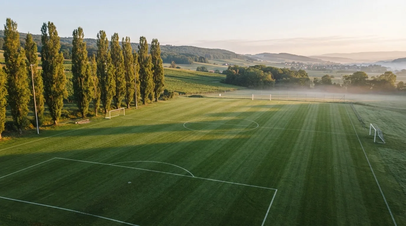 Ein leerer Fussballplatz mit weissen Linien von oben gesehen im Morgenlicht, am Rand stehen zwei Tore und eine Reihe Pappeln.