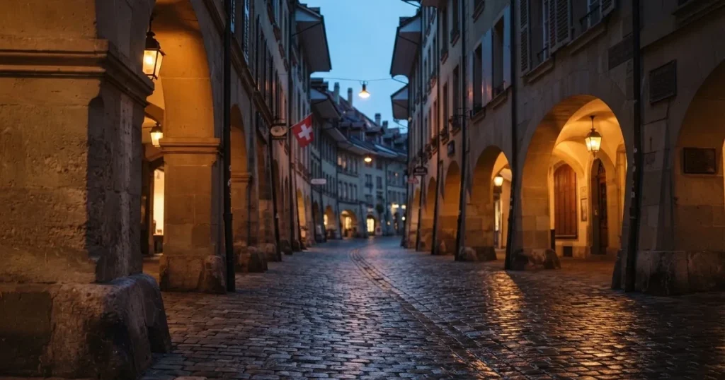 Eine menschenleere Altstadtgasse mit steinernen Laubengängen im Abendlicht, die Laternen brennen schon und das Pflaster glänzt feucht.