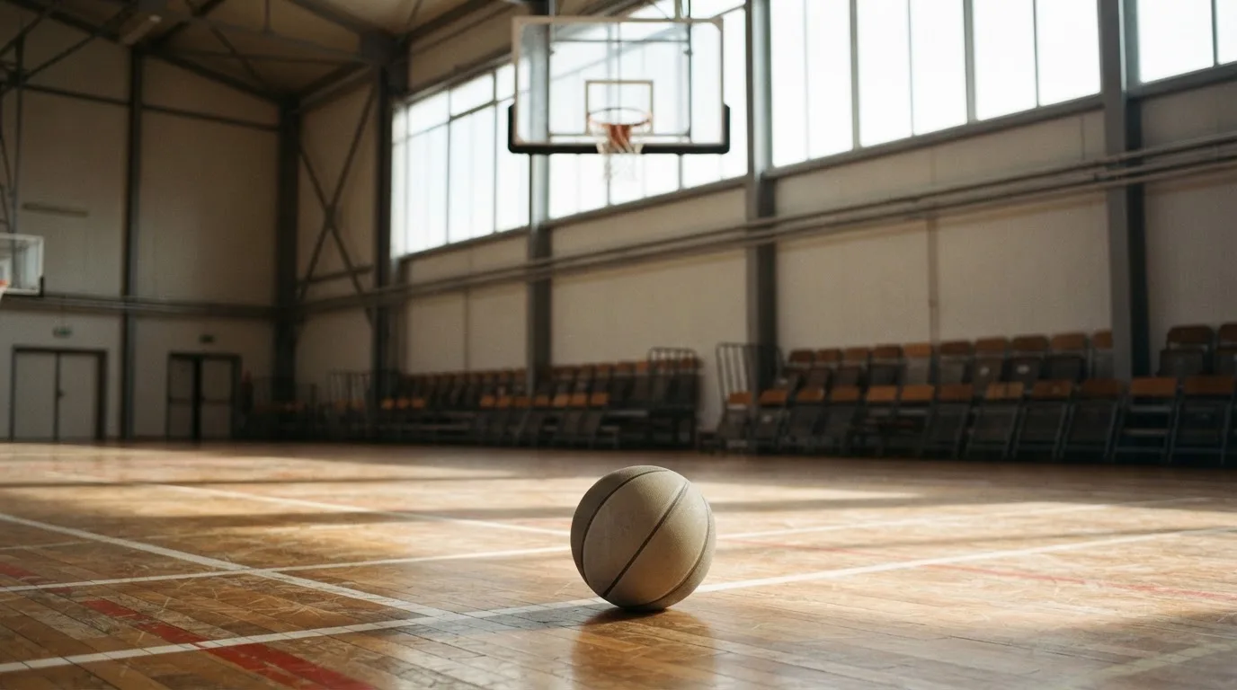 Ein Basketball liegt unter dem Korb in einer leeren Sporthalle, durch hohe Fenster fällt Tageslicht auf das Parkett.