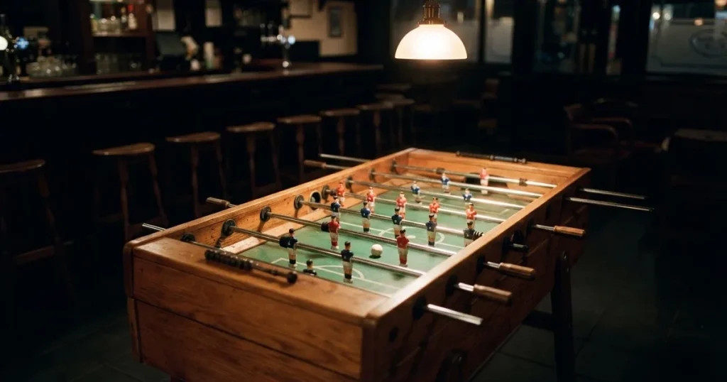 Ein hölzerner Tischfussball steht in einer leeren Bar, die Stangen mit den Figuren glänzen im Gegenlicht einer Lampe.