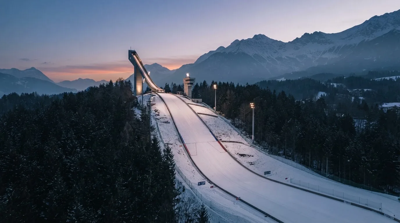 Eine Skisprungschanze ragt in der Dämmerung über einen Wald in den Alpen, der Auslauf liegt verschneit und leer da.