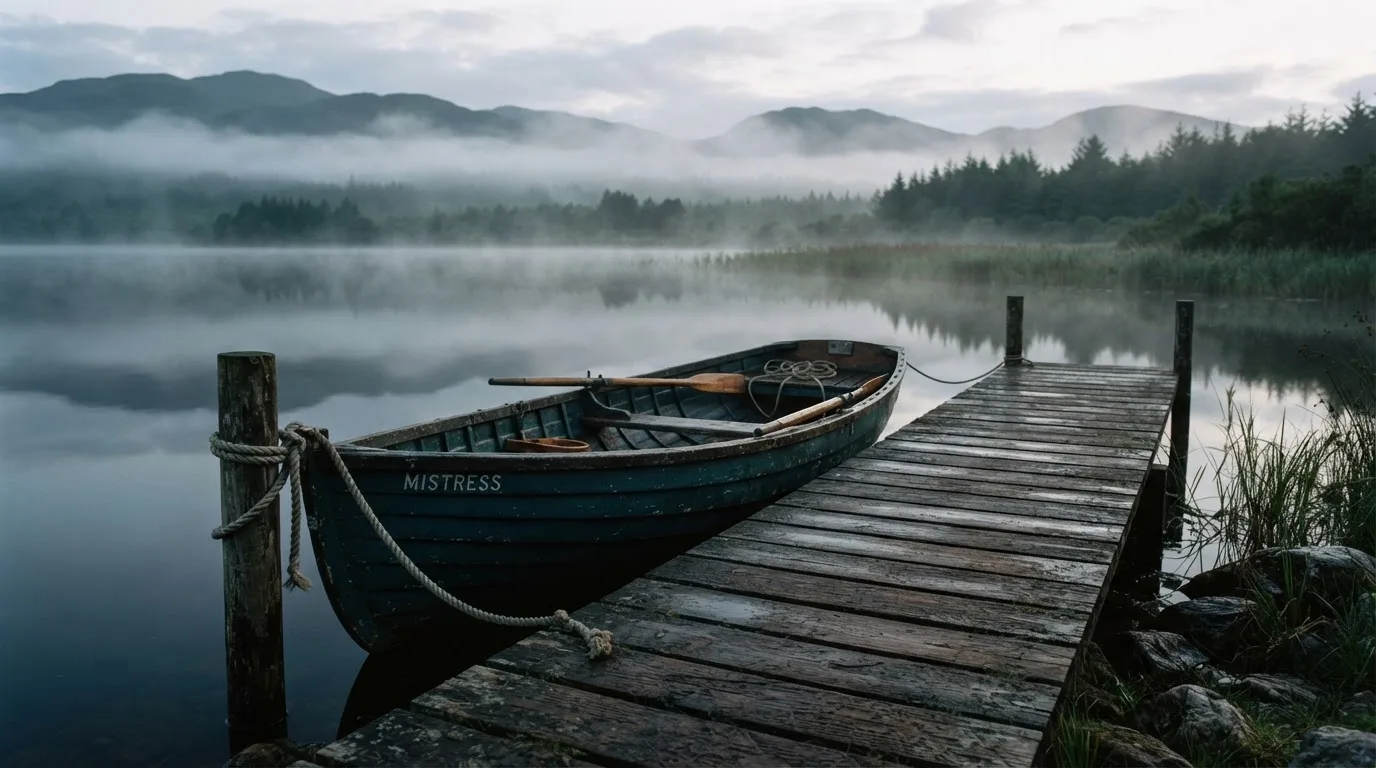 Ein Ruderboot liegt an einem Steg am Ufer eines Sees, über dem Wasser steigt dünner Nebel auf.