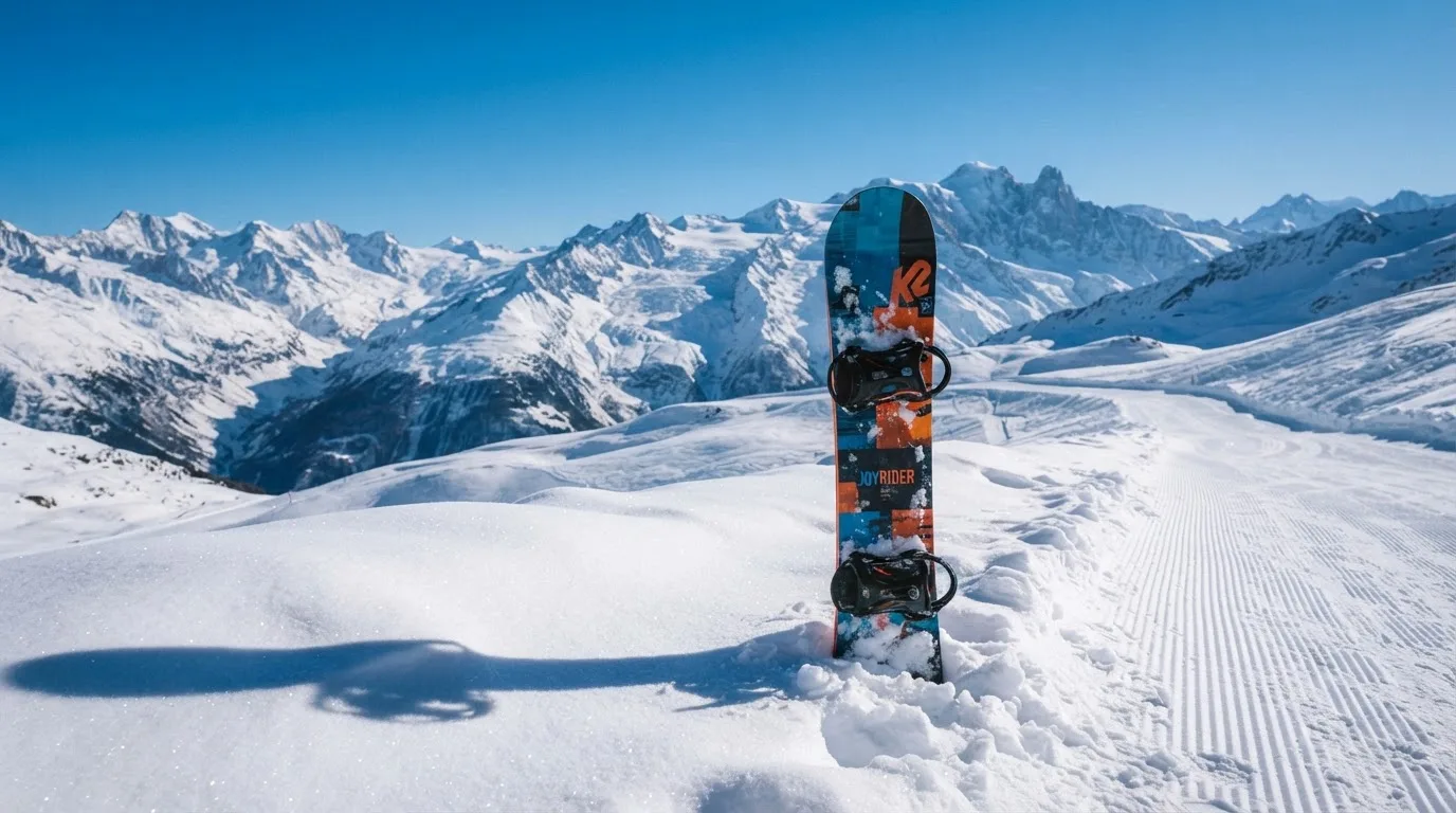 Ein Snowboard steckt aufrecht im Schnee am Rand einer Piste, dahinter spannt sich klarer Himmel über verschneiten Gipfeln.