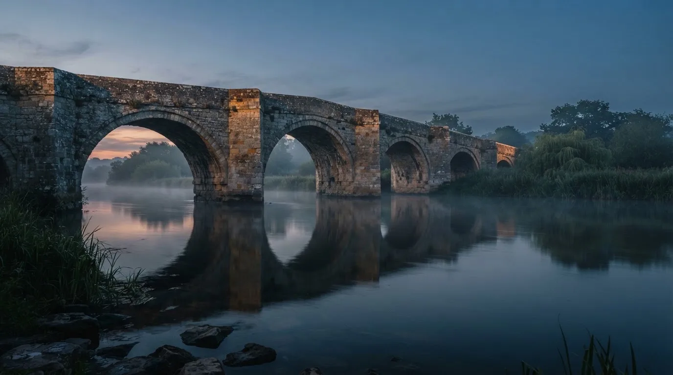 Eine Steinbrücke spannt sich in der Dämmerung über einen Fluss, auf dem Wasser liegt leichter Nebel.