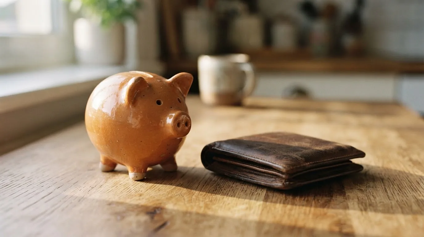Ein Sparschwein aus Keramik steht auf einem Küchentisch neben einer leeren Geldbörse im Licht des Morgens.