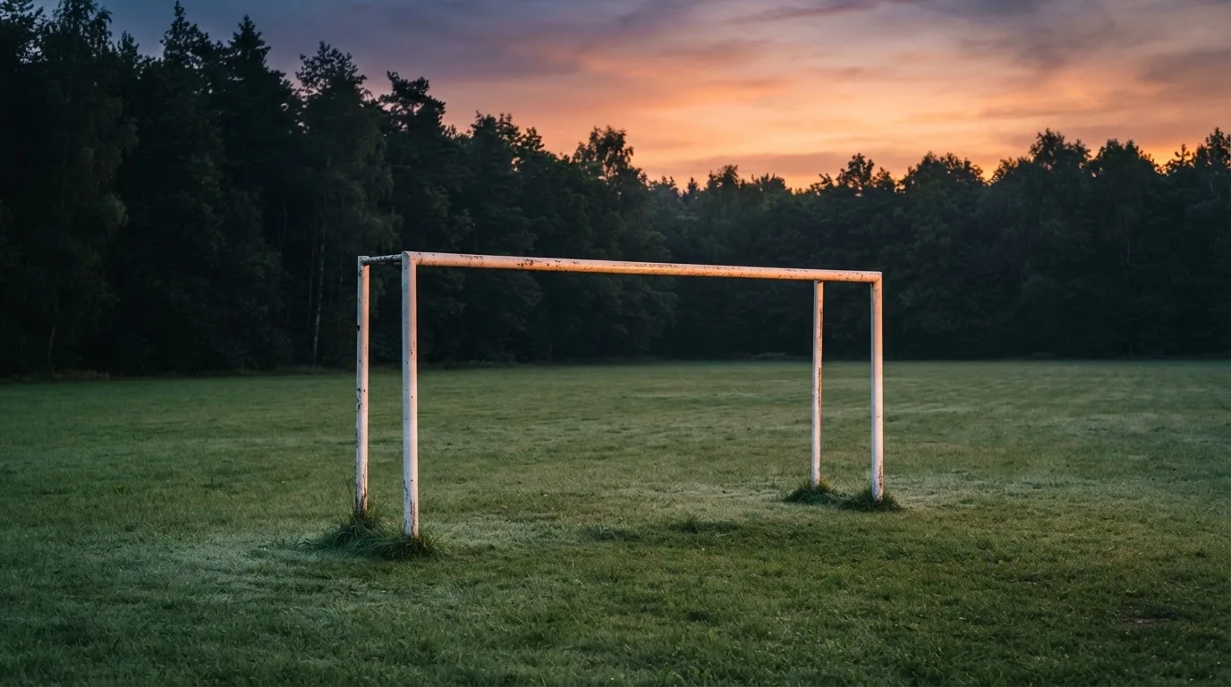 Ein Fussballtor ohne Netz steht auf einer Wiese am Waldrand, die Abenddämmerung färbt den Himmel orange.