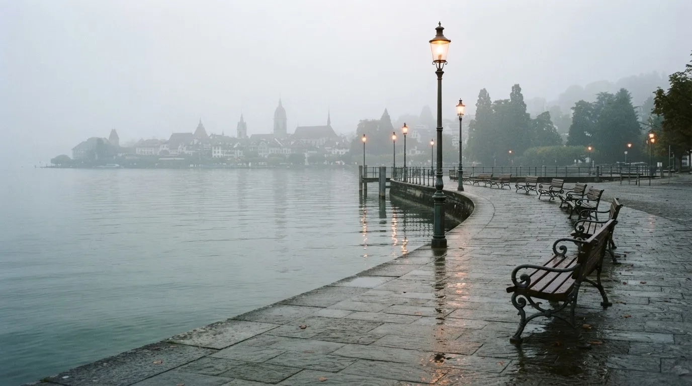 Eine Seepromenade mit leeren Bänken an einem nebligen Morgen, im Wasser spiegeln sich die Lichter der Uferlaternen.