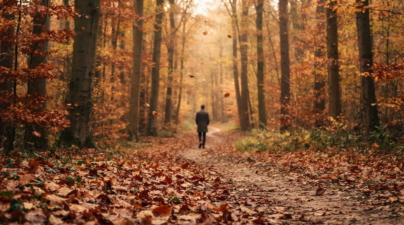 Ein Waldweg im Herbst mit buntem Laub, in der Ferne geht eine einzelne kleine Gestalt zwischen den Bäumen.