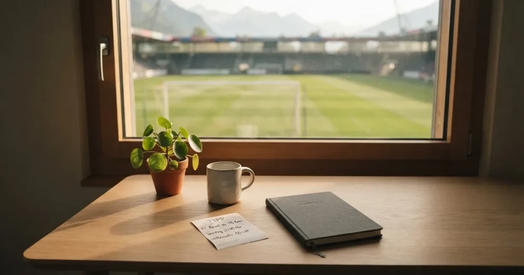 Ein aufgeräumter Schreibtisch mit Pflanze und Tasse in einem Heimbüro, vor dem Fenster liegt ein Fussballplatz im Gegenlicht.