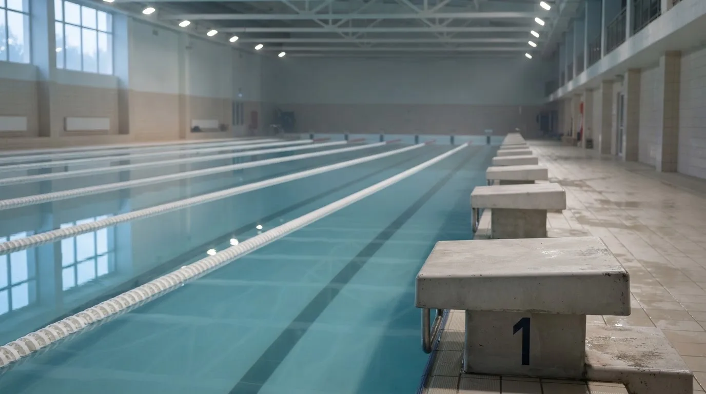Ein leeres Schwimmbecken mit Startblöcken am Morgen, die Wasseroberfläche ist ruhig und spiegelt die Deckenlampen.