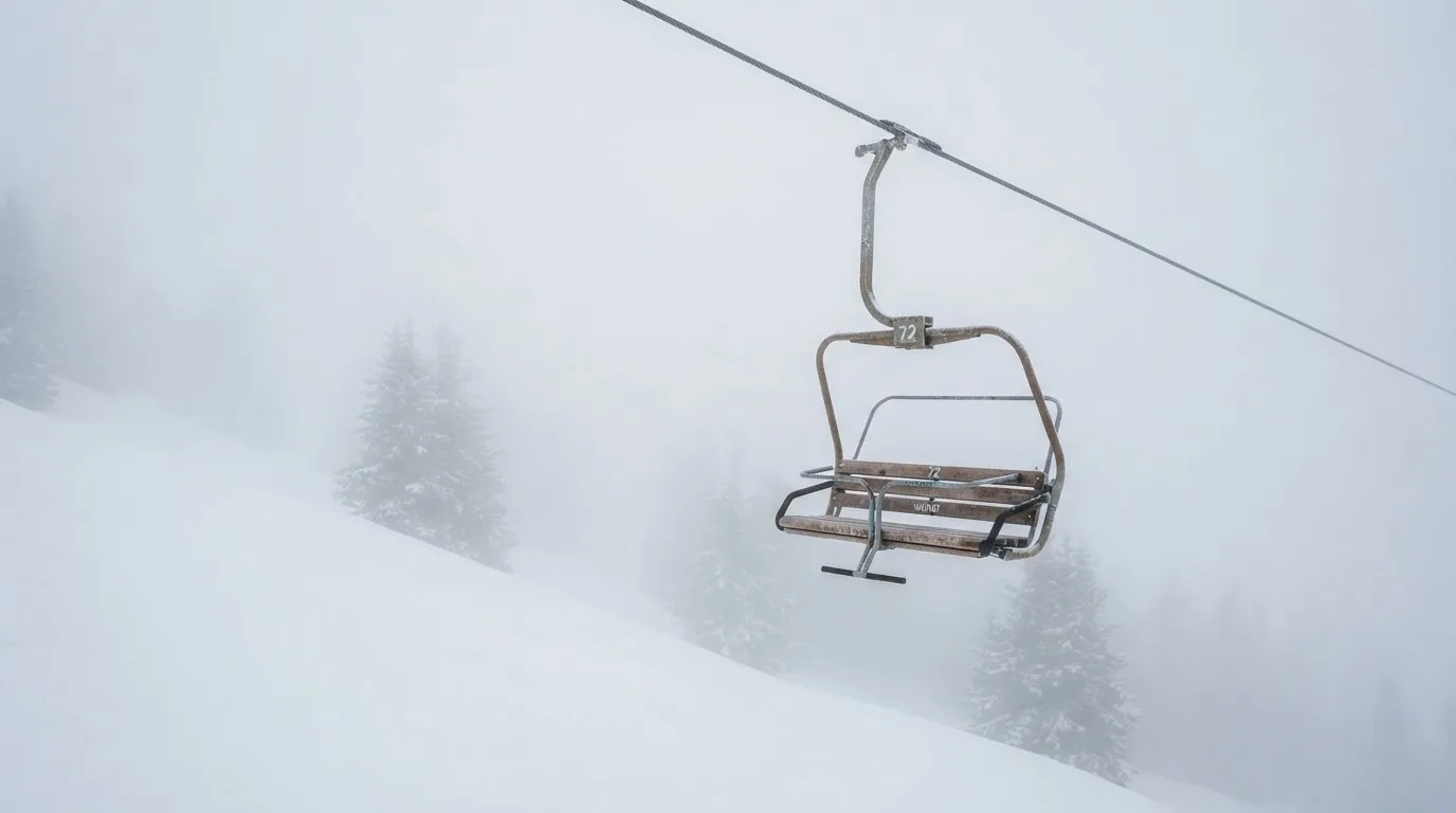 Ein Sessellift fährt leer durch dichten Nebel über eine winterliche Alp, unter ihm liegt unberührter Schnee.