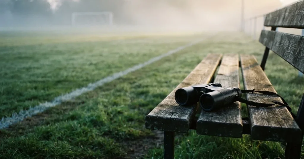 Ein Fernglas liegt auf einer leeren Holzbank an der Seitenlinie eines Fussballfelds, vom Rasen steigt Nebel auf.