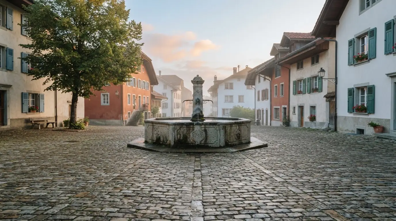 Ein stiller Dorfplatz mit einem Steinbrunnen im Frühlicht, auf dem Pflaster steht keine Person.