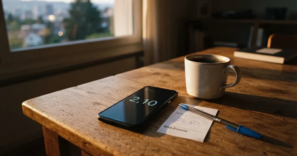 Ein Smartphone mit dunklem Display liegt auf einem Holztisch neben einer Kaffeetasse, durch das Fenster fällt warmes Abendlicht.