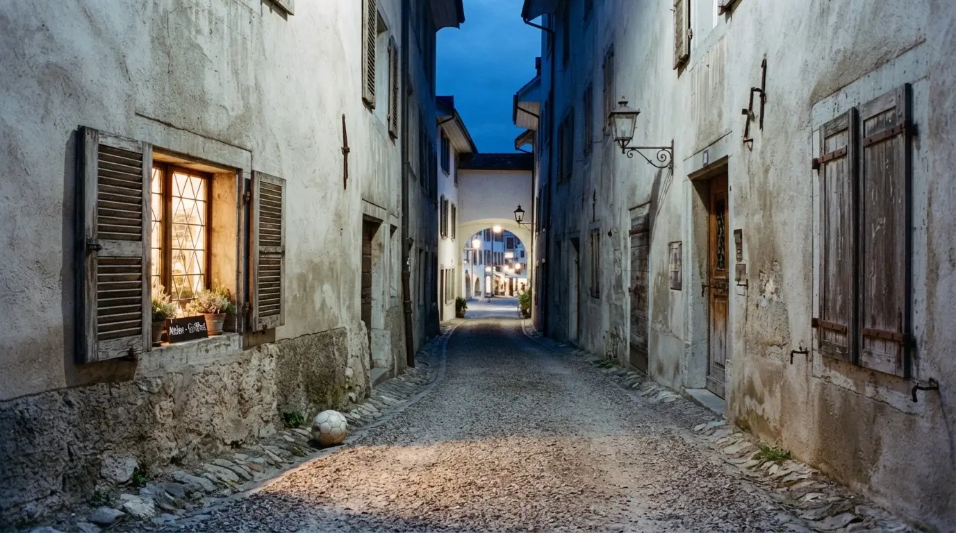 Ein schmaler Kiesweg führt zwischen zwei hellen Mauern durch eine Schweizer Altstadt, die Laternen sind noch nicht angezündet.