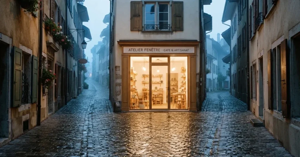 Eine Fussgängerstrasse in einer Schweizer Altstadt am frühen Morgen, nasses Kopfsteinpflaster und ein leeres Ladenlokal mit hellem Innenraum.