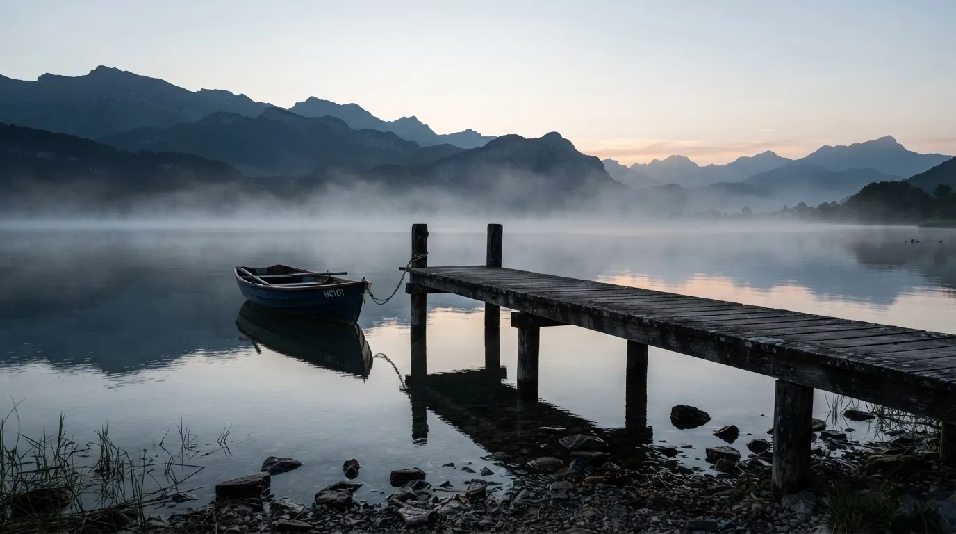 Ein Seeufer mit einem Holzsteg und einem vertäuten Ruderboot im Morgennebel, im Hintergrund die Silhouette von Bergen.