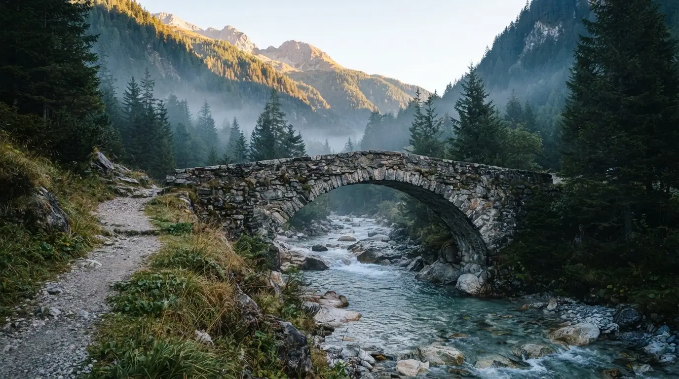 Eine Steinbogenbrücke überspannt einen Bergbach in den Alpen im Morgenlicht, an den Hängen stehen dunkle Nadelbäume.
