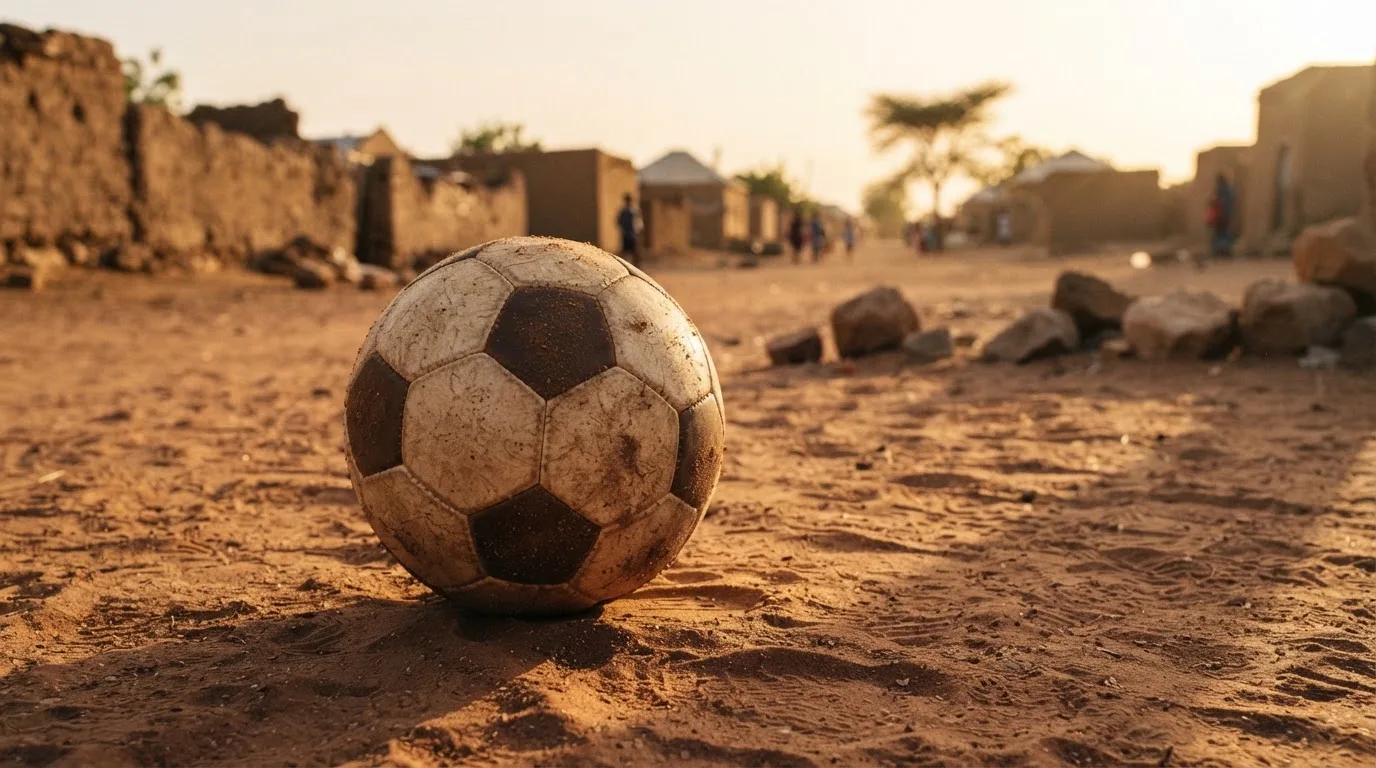 Ein Fussball liegt auf rotbraunem Sand am Rand eines Dorfes, die Abendsonne wirft lange Schatten.