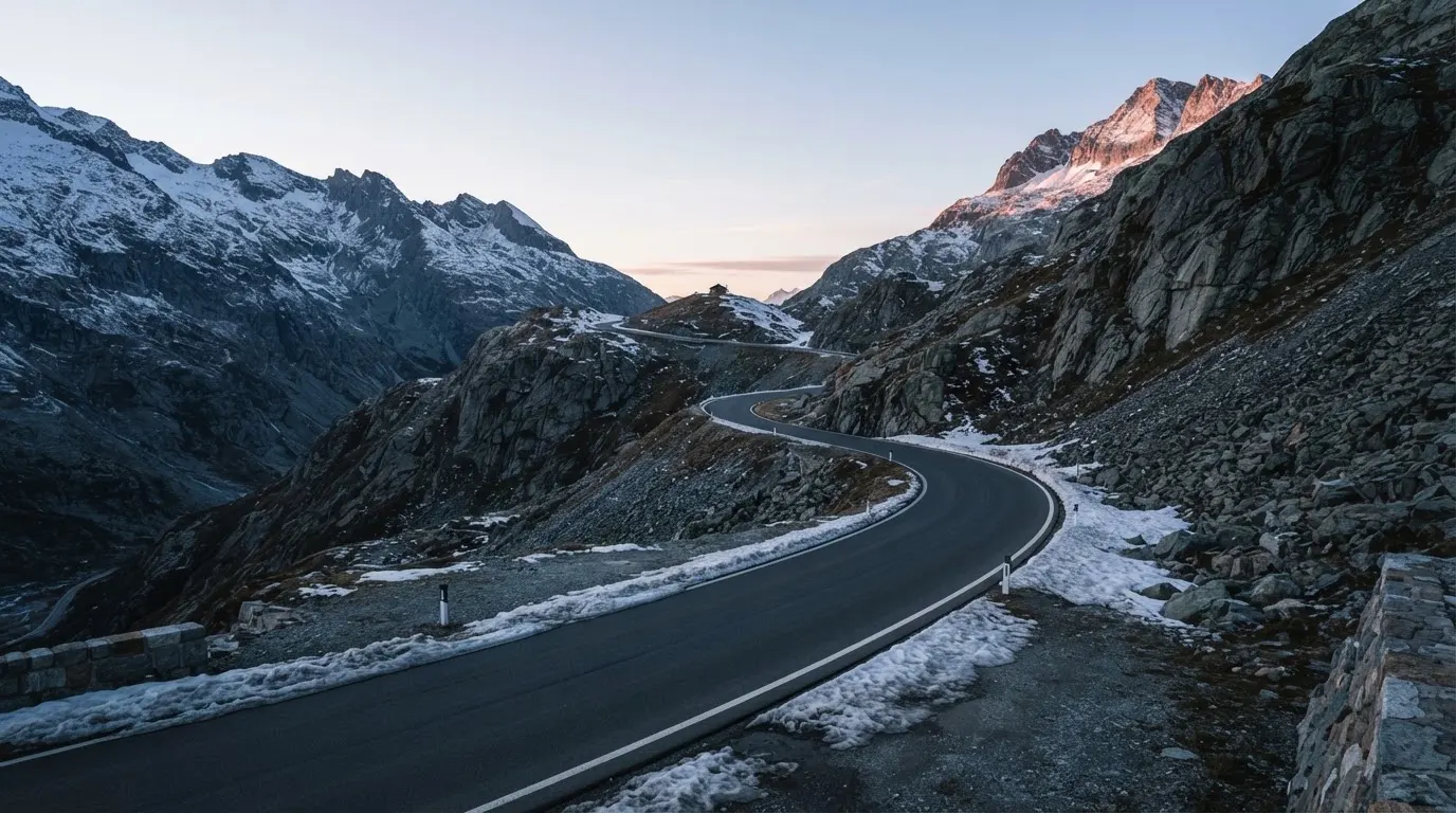 Ein Bergpass in den Schweizer Alpen mit leerer Strasse und Schneeresten am Rand im ersten Frühlicht.