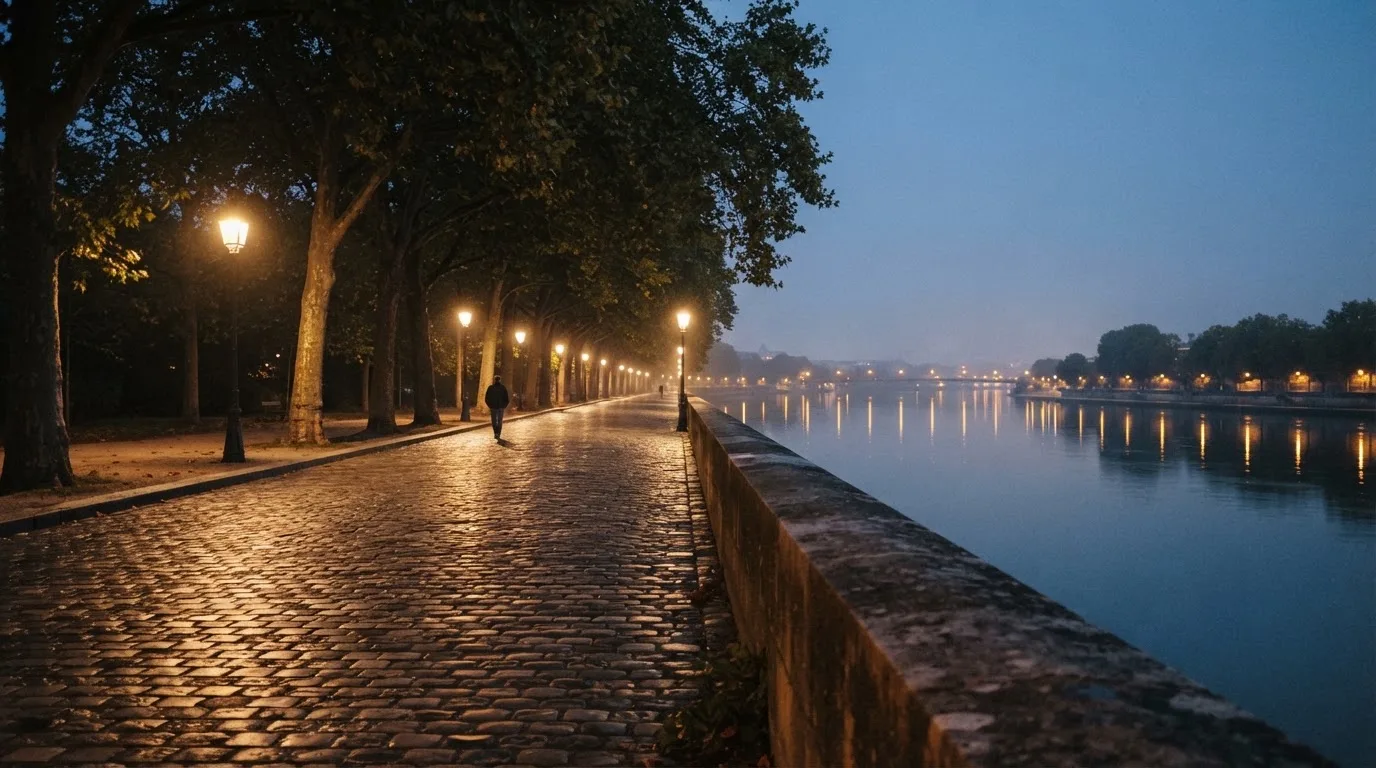 Eine Rheinpromenade mit hohen Bäumen am Abend, das Wasser spiegelt das Licht der ersten Laternen.