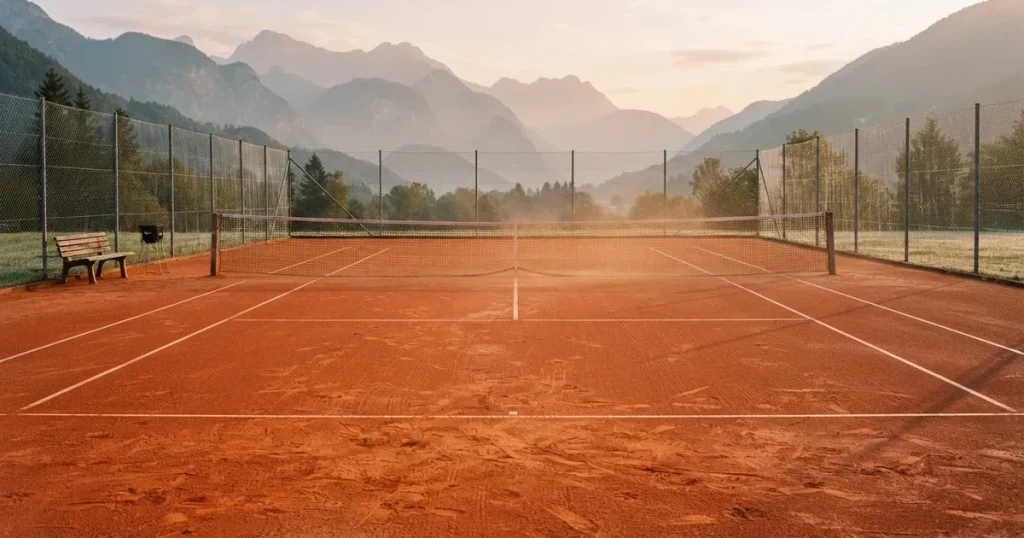 Ein Sandplatz im ersten Morgenlicht, die Linien sind frisch gezogen, das Netz bewegt sich leicht im Wind, Berge im Dunst.