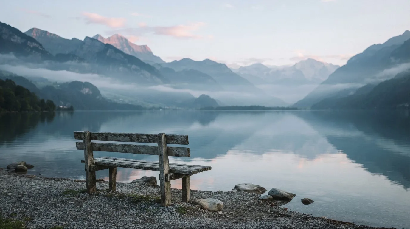 Eine Holzbank an einem Seeufer mit Blick auf eine Bergkette im Morgendunst, das Wasser ist spiegelglatt.