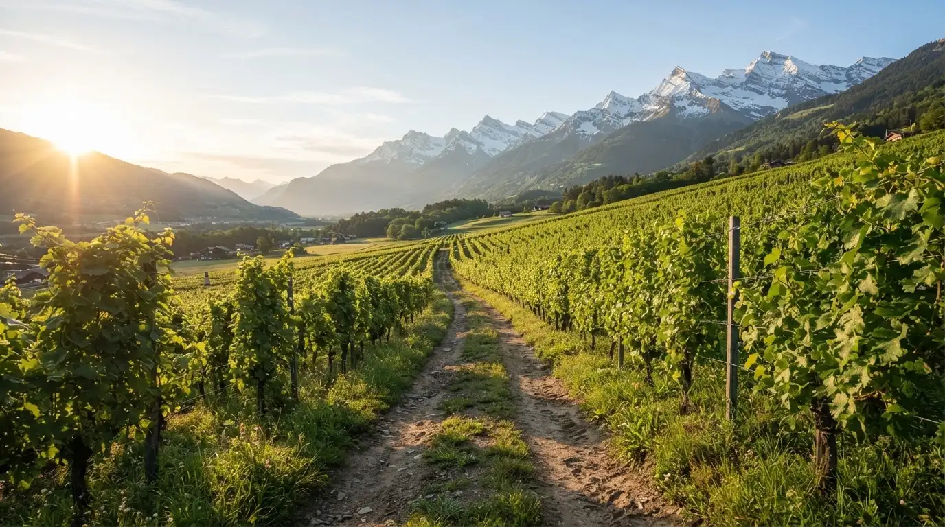Ein Feldweg zwischen Weinreben im Wallis bei Sonnenaufgang, im Hintergrund hohe Berge und klare Luft.