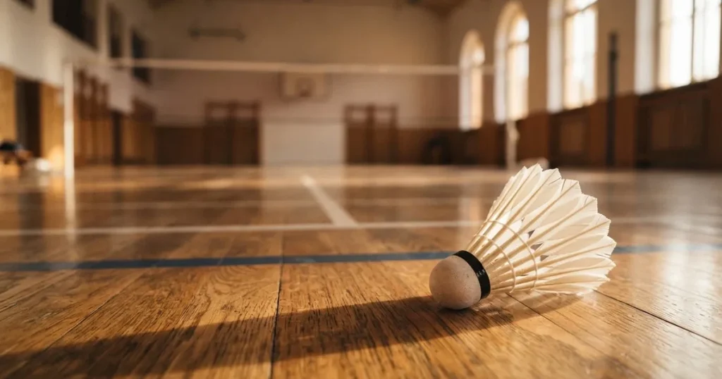 Ein Federball liegt auf dem Boden einer leeren Sporthalle, das Netz verschwimmt im Hintergrund, Licht fällt durch hohe Fenster.