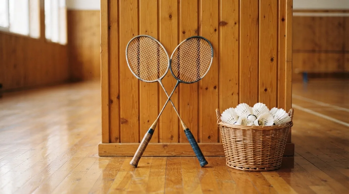 Zwei Badmintonschläger lehnen gekreuzt an einer Hallenwand aus Holz, daneben steht ein Korb mit Federbällen.