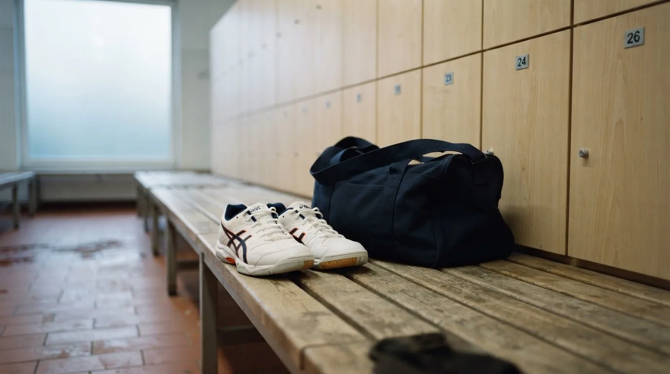 Ein Paar Hallenschuhe steht ordentlich neben einer Sporttasche auf einer Bank in einer leeren Garderobe, ein Fenster lässt Morgenlicht herein.