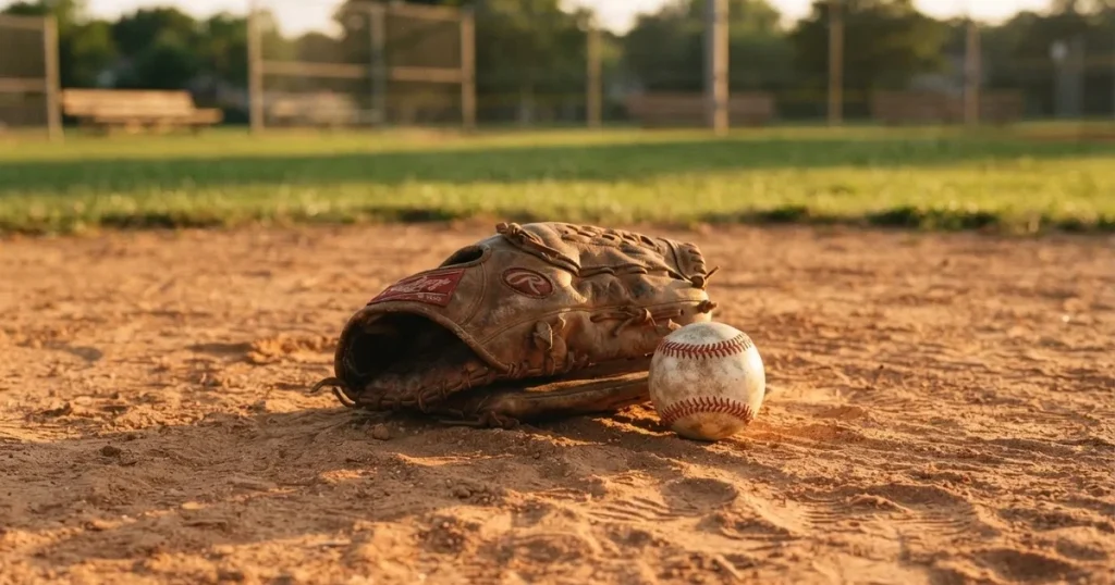 Ein Lederhandschuh und ein Ball liegen auf dem Sandboden eines leeren Spielfelds, die tiefstehende Sonne wirft lange Schatten.