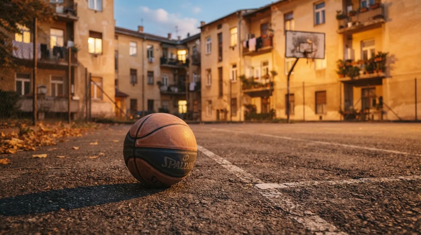 Ein Basketball liegt auf einem Asphaltplatz in einem Hinterhof zwischen Wohnblöcken, das Abendlicht färbt die Wände warm.