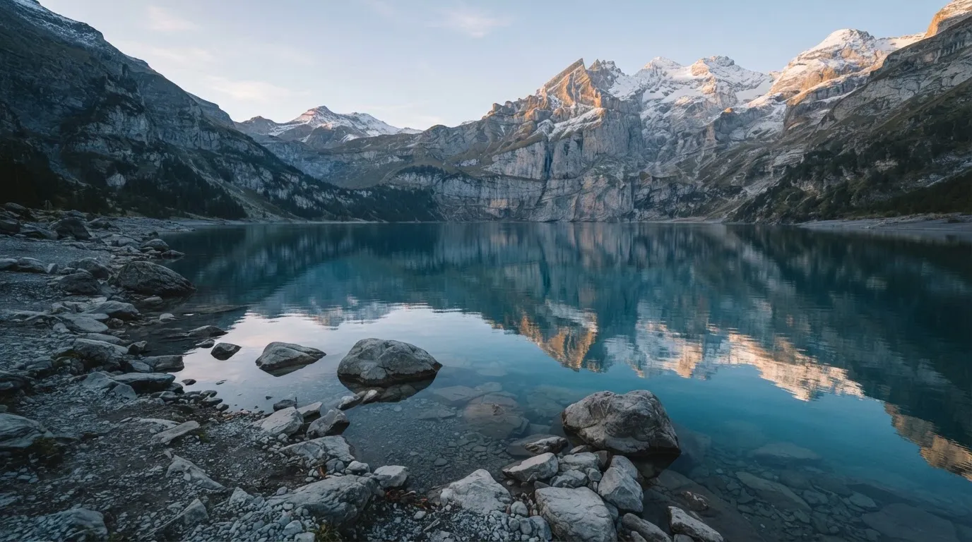 Ein Bergsee mit ruhigem Wasser und Gipfeln im Morgenlicht, am Ufer liegen glatte Steine.