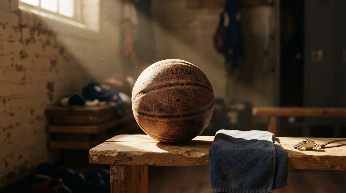 Ein abgenutzter Lederball liegt auf einem Holzregal in einem Vereinsraum, ein Sonnenstrahl macht den Staub sichtbar.