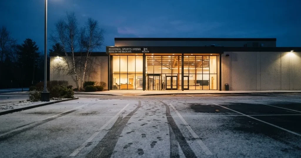 Eine Sporthalle von aussen in der Dämmerung mit erleuchteten Fenstern, davor ein leerer Parkplatz mit etwas Schnee.