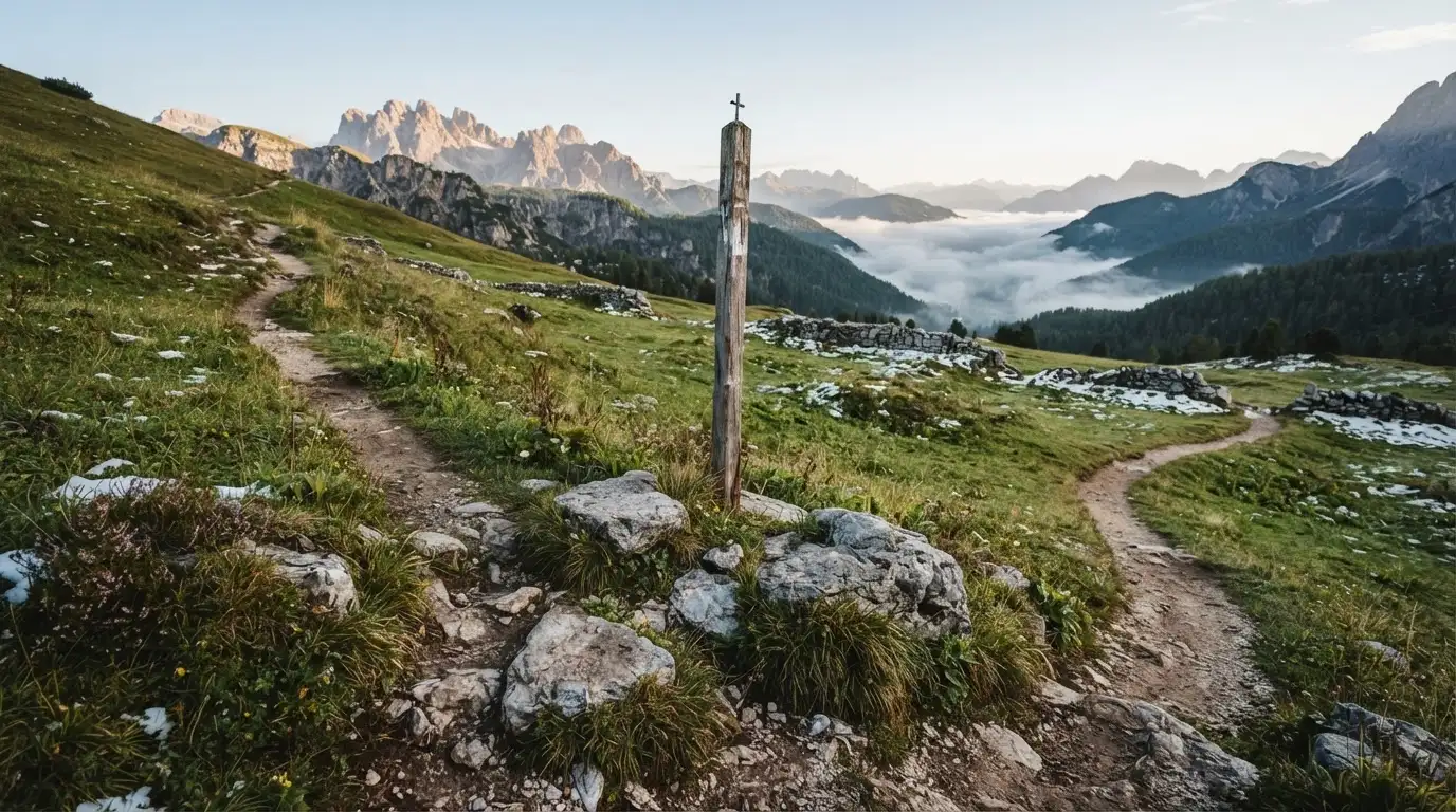 Eine Weggabelung auf einer Alpweide, zwei Pfade teilen sich zwischen Steinen, im Tal steigt Nebel auf.